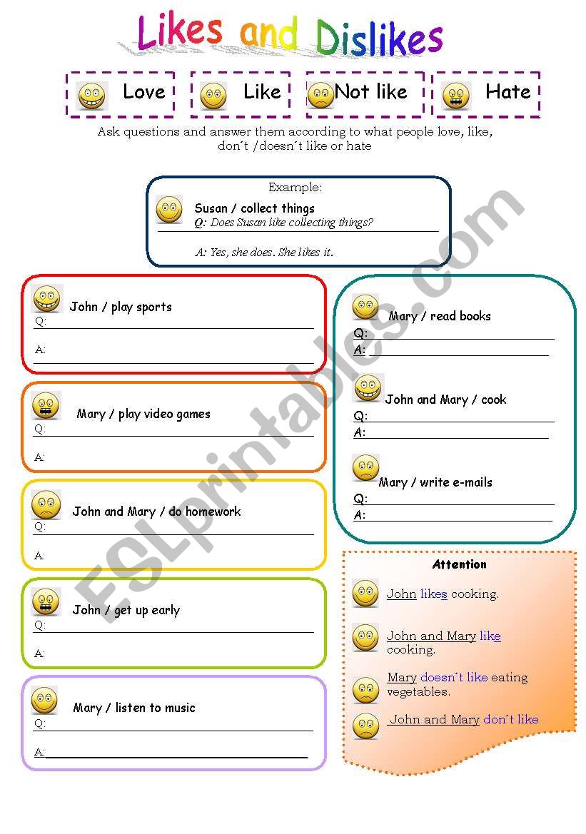 Likes and Dislikes worksheet