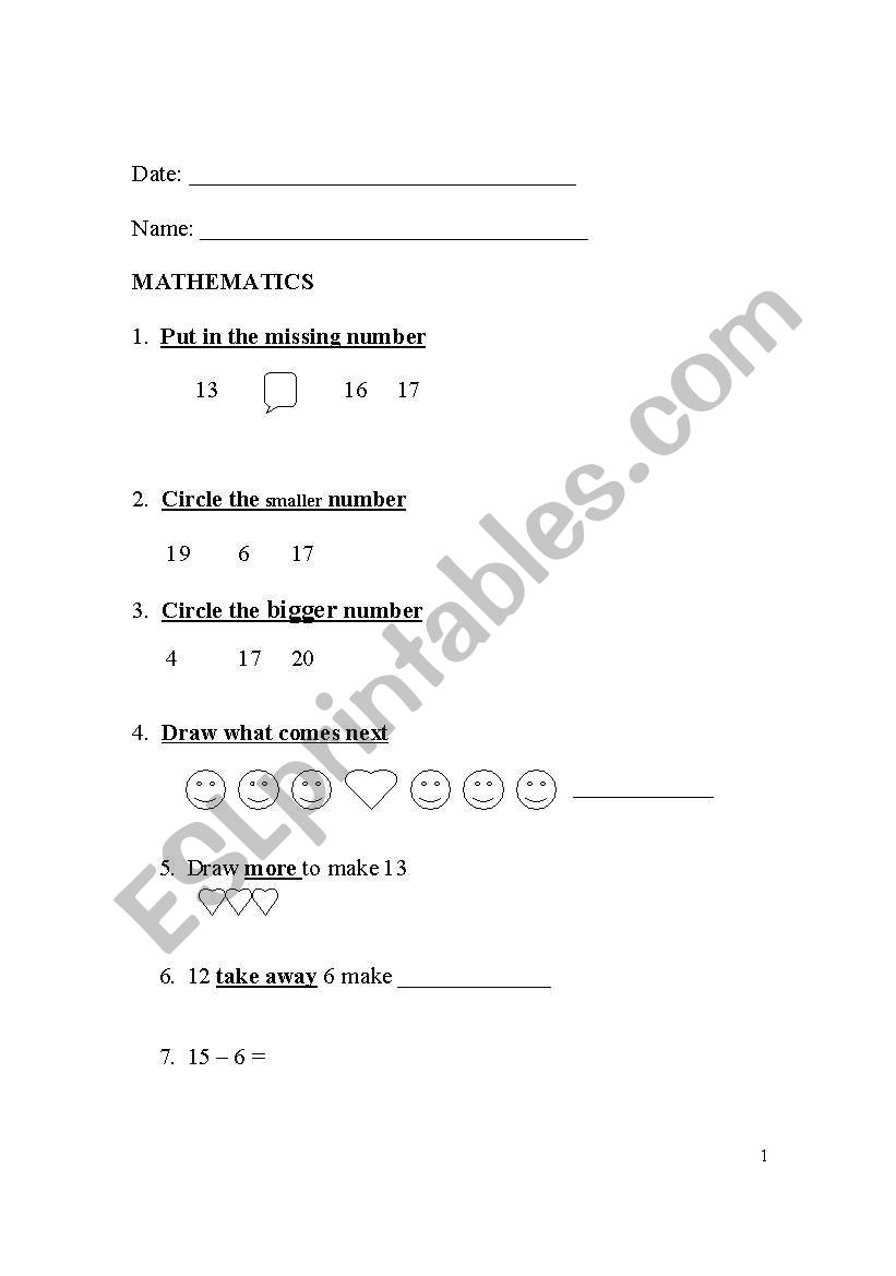 Mathematics for Infants worksheet