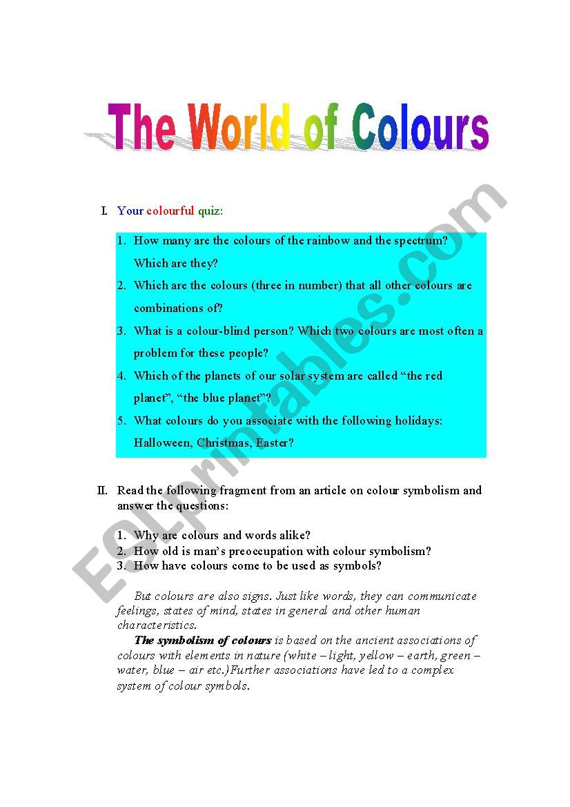 The World of Colours worksheet