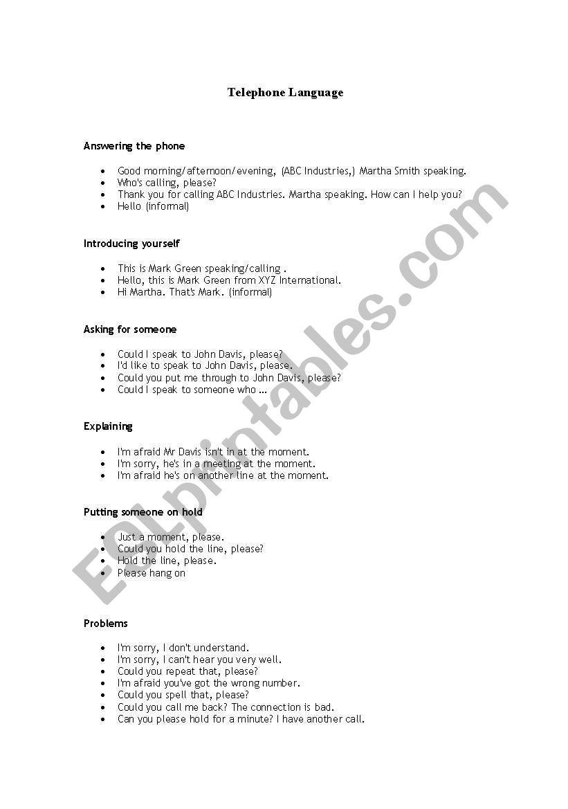 TELEPHONE LANGUAGE worksheet