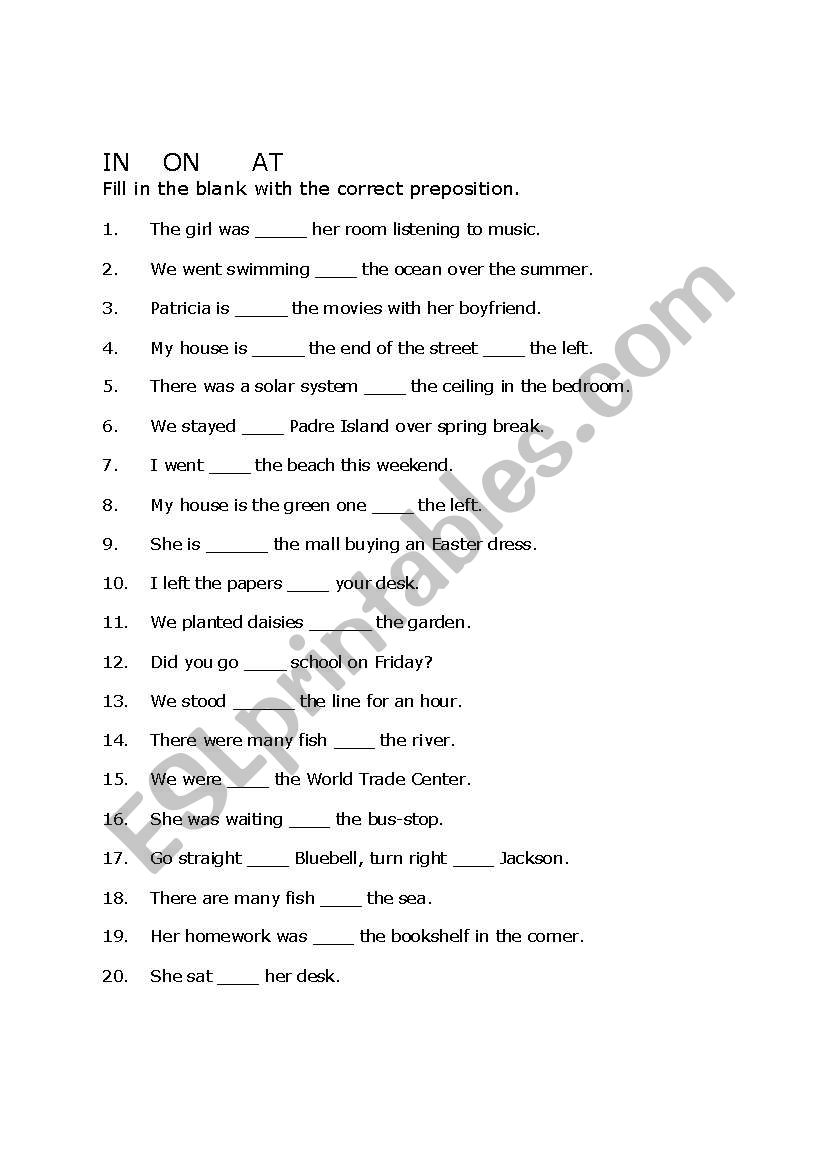 Prepositions IN AT ON TO worksheet