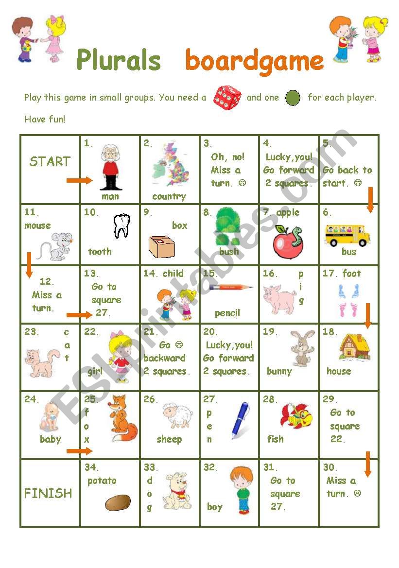 Plurals boardgame worksheet