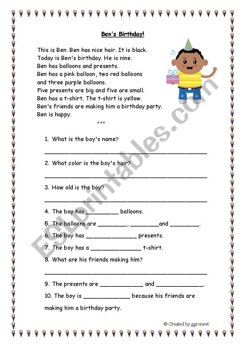 Bens Birthday worksheet