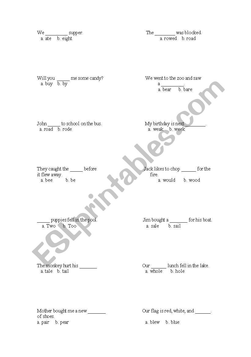 Homophones worksheet