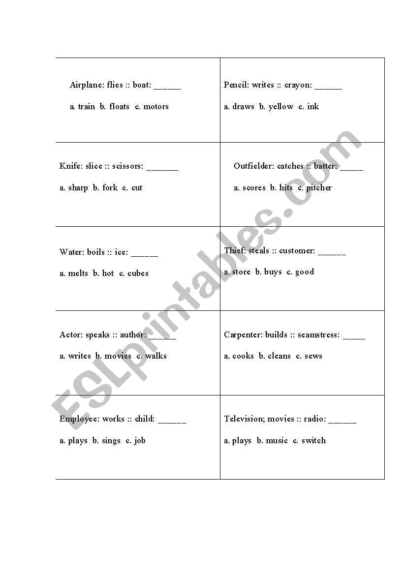 analogies worksheet