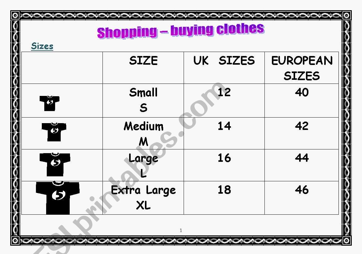 Shopping: buying clothes (sizes and speaking activites) 4 pages