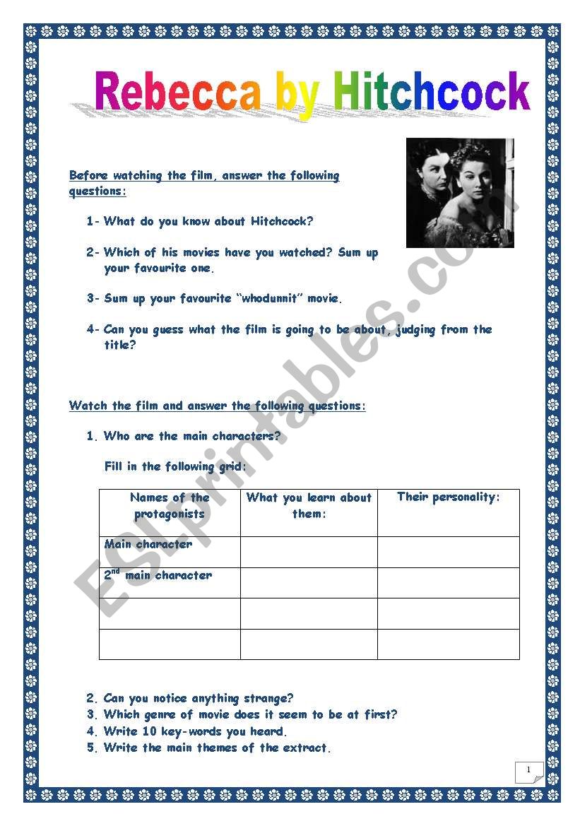 Video time series: 2nd Rebecca ws. Alfred Hitchcock film. (16 questions, all sorts of tasks) (printer-friendly, only 2 pages)
