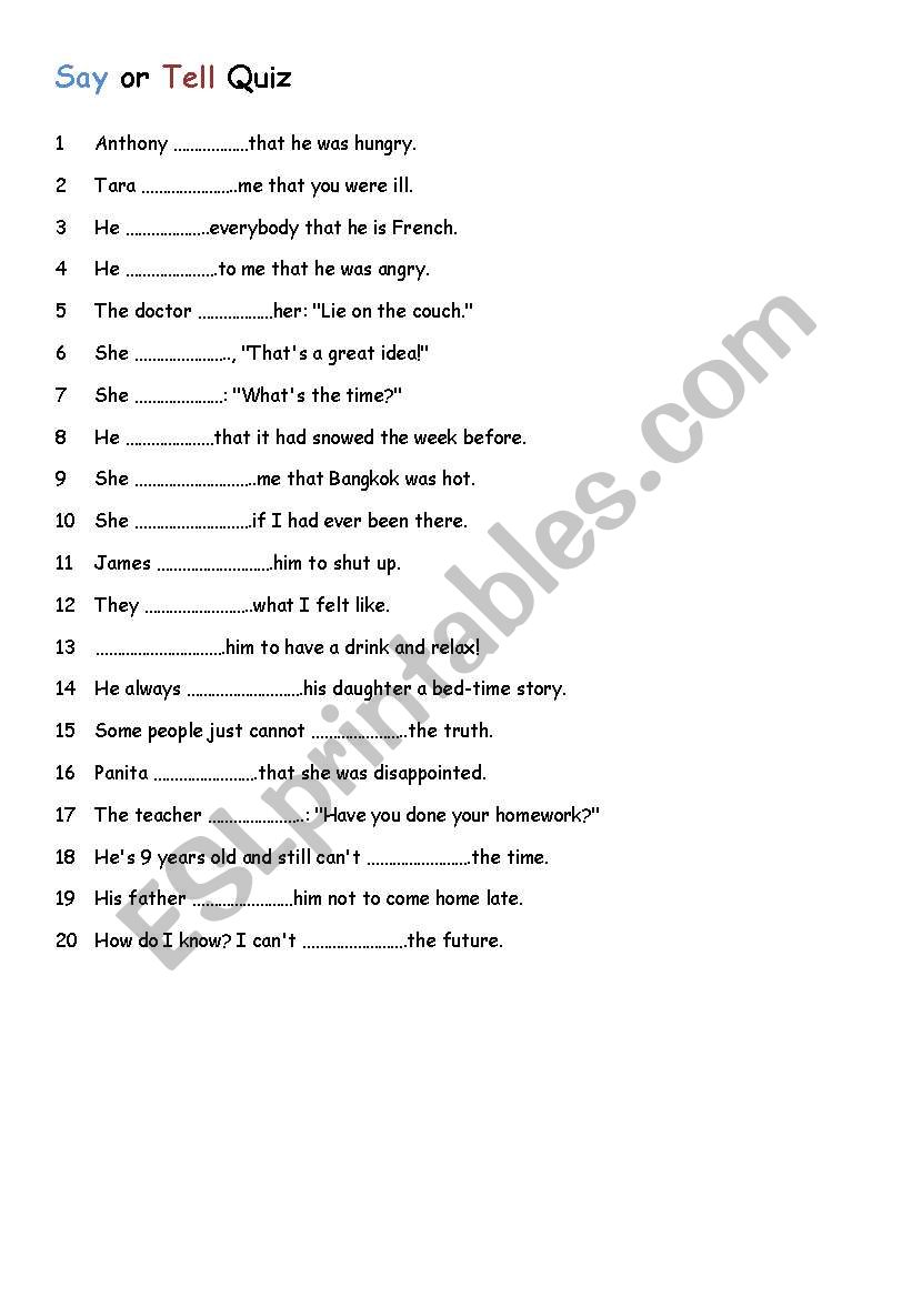 say or tell quiz worksheet