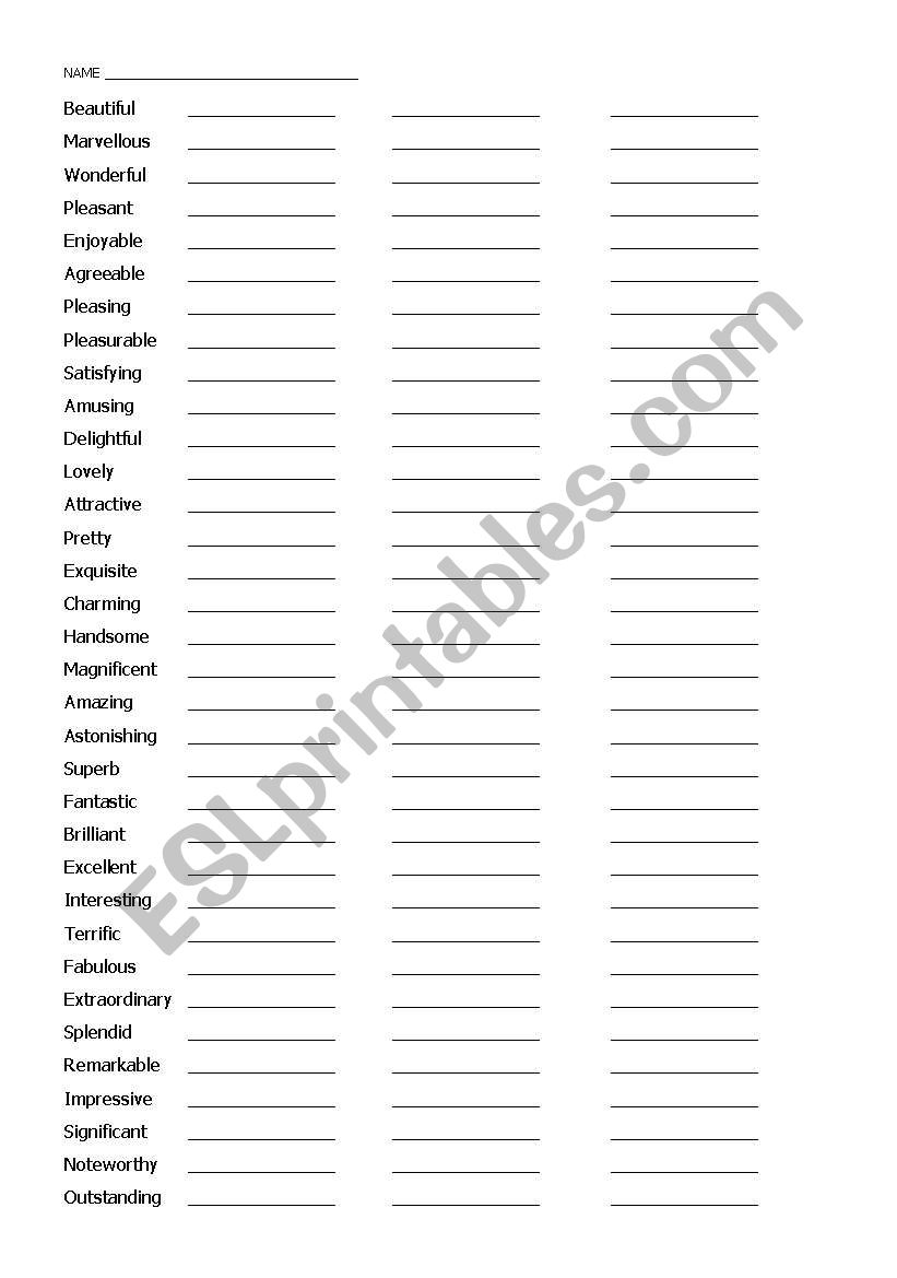 list of adjectives worksheet