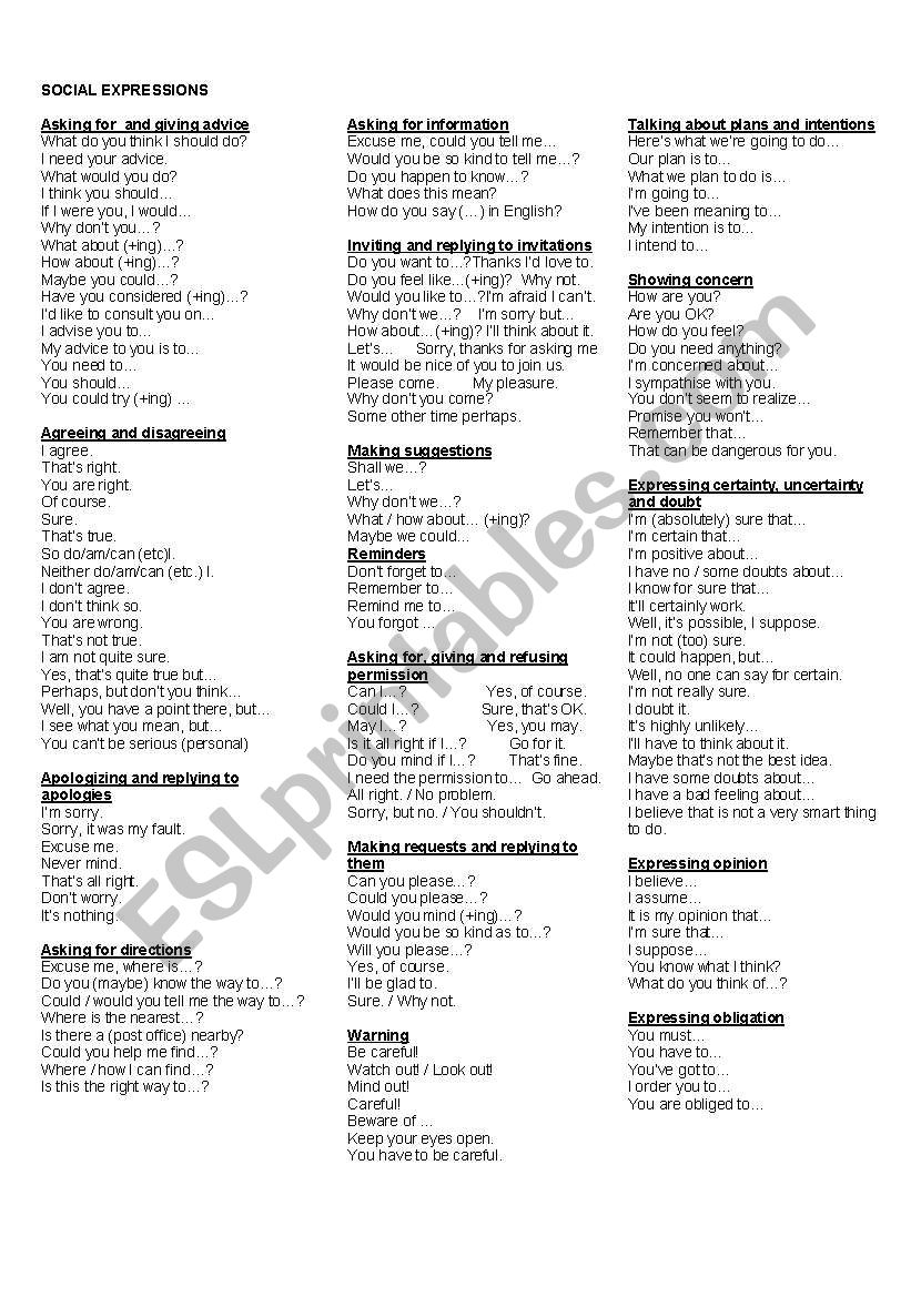 Social expressions worksheet