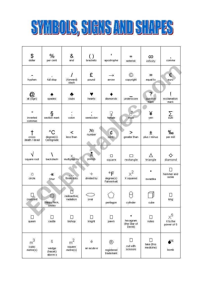 symbols, signs and shapes worksheet