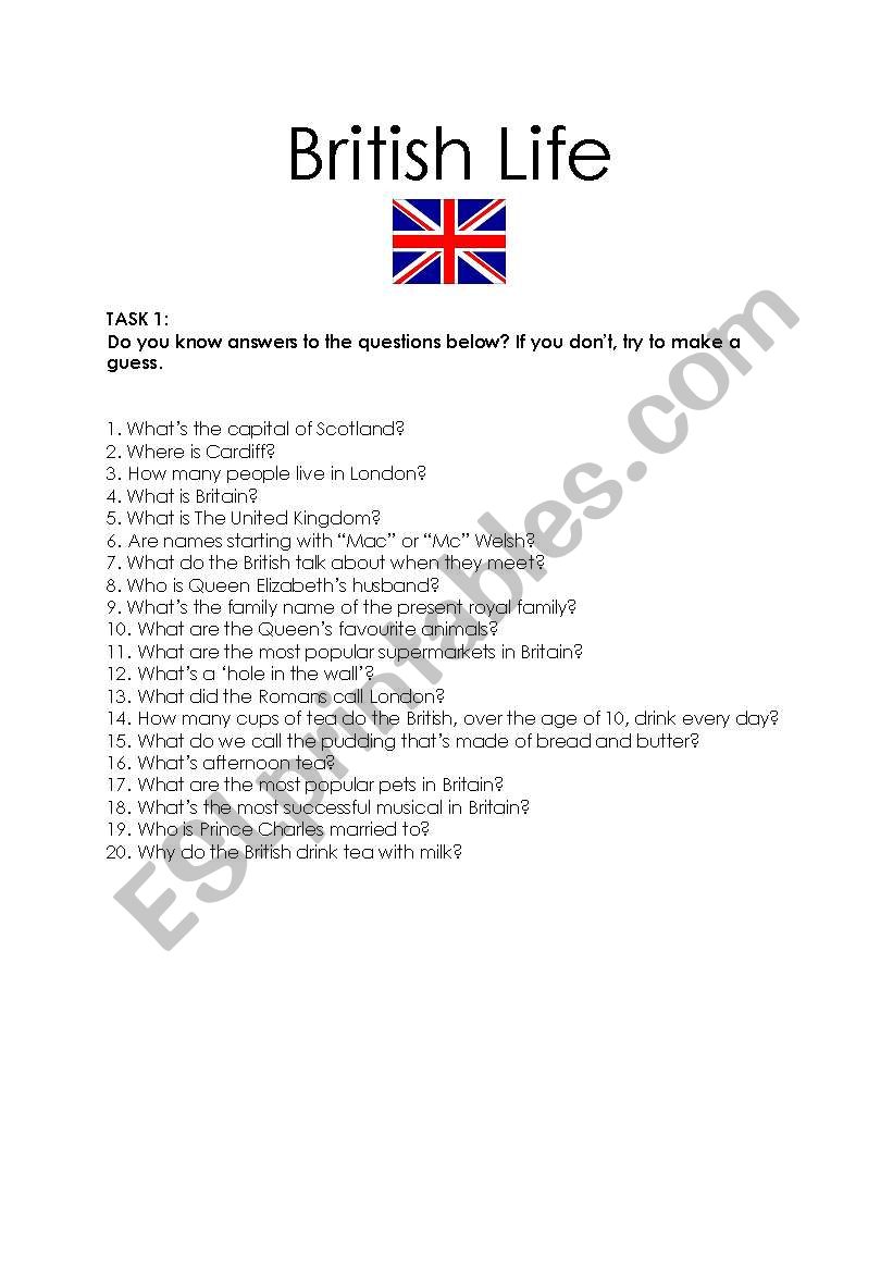 British Life Quiz worksheet