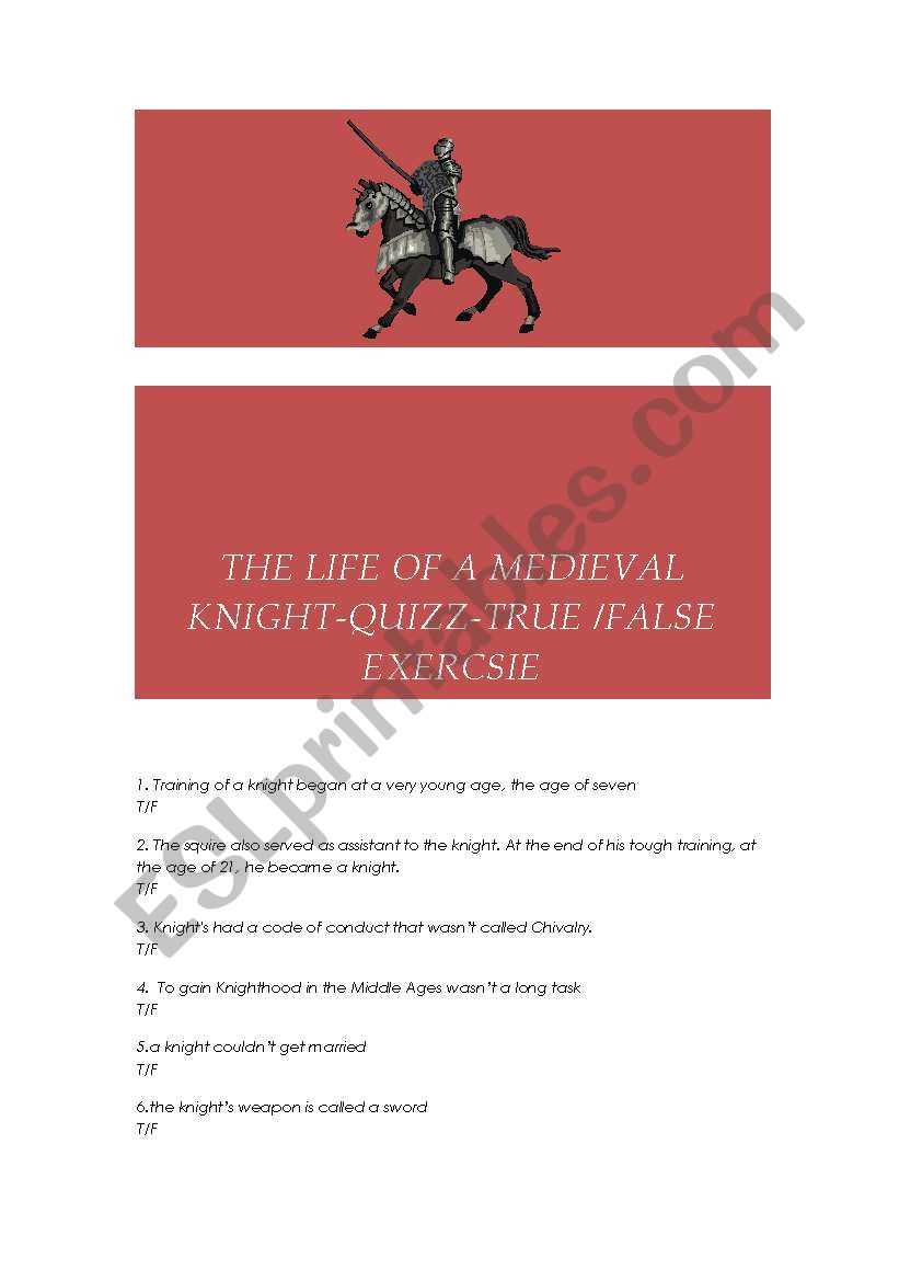 the life of a medieval knight worksheet