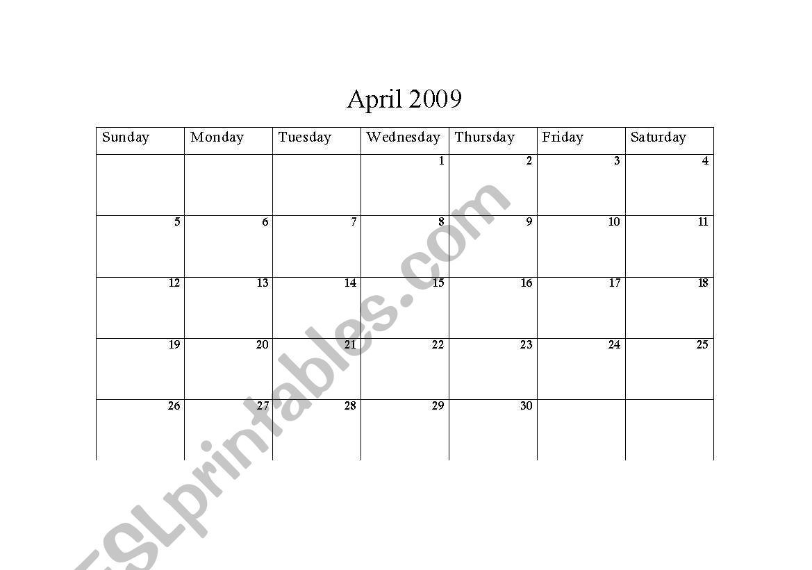 April 2009 Calendar worksheet