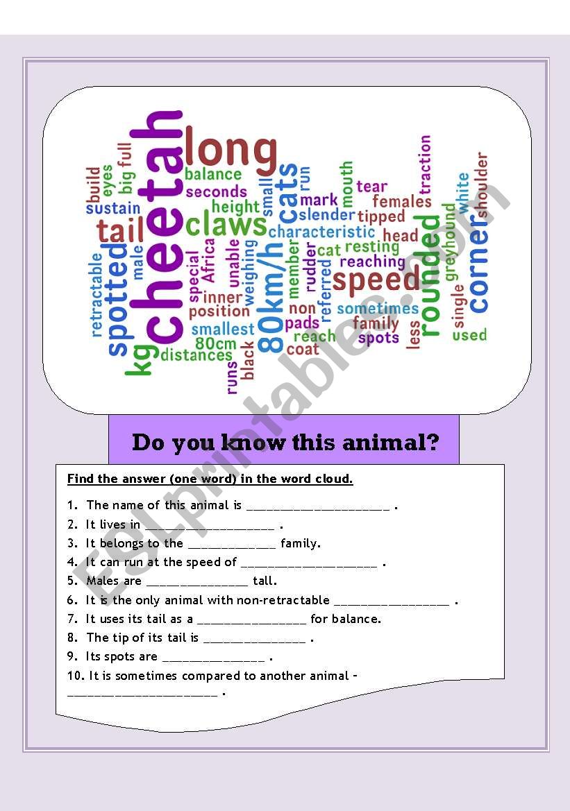 Reading word clouds worksheet