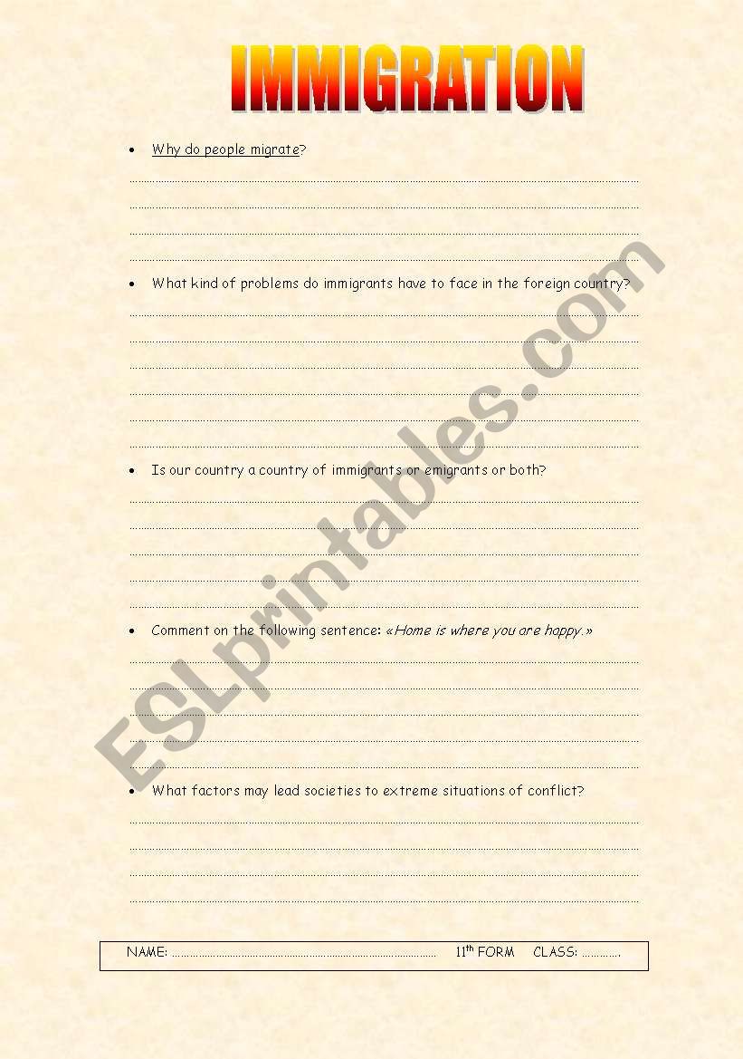 Immigration worksheet