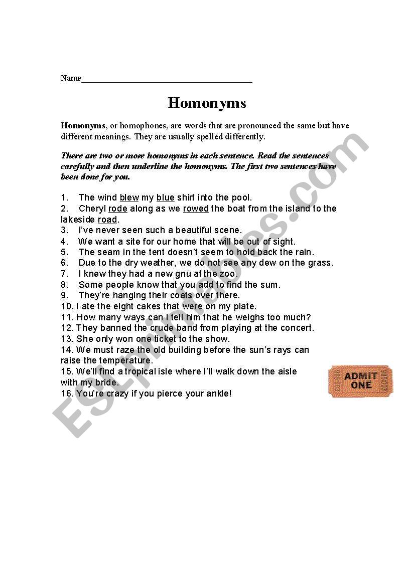 homonyms worksheet