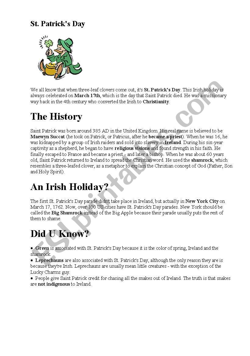 St.Patrick,Simple Past Tense worksheet