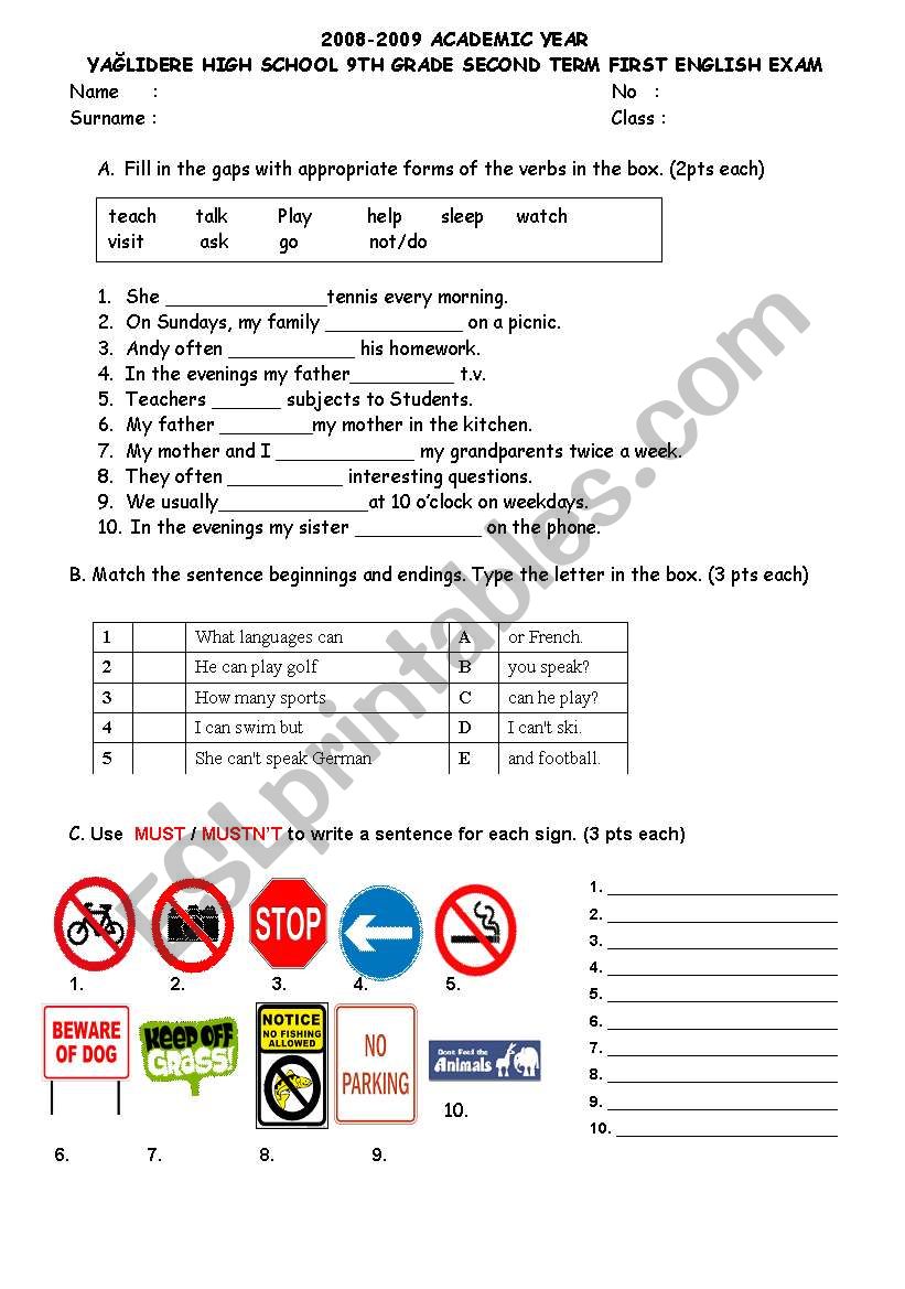 9th grade exam worksheet