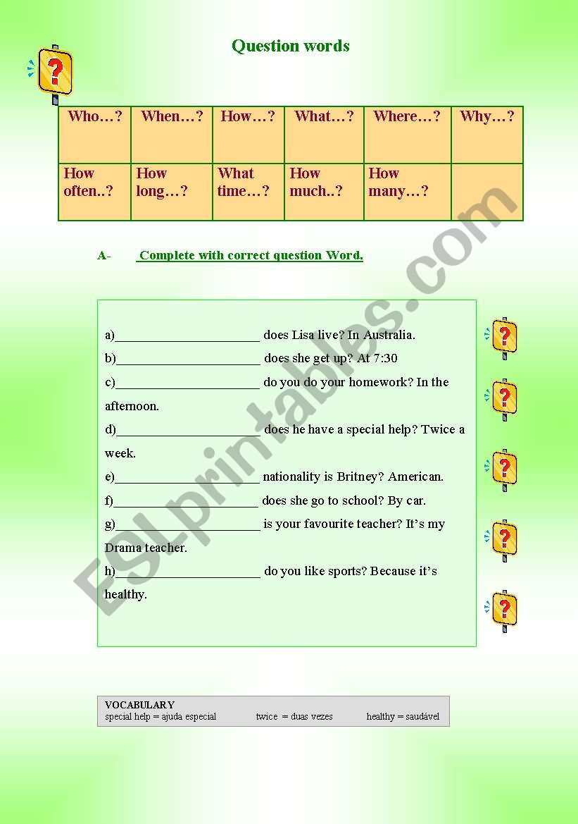 Question words/Simple Present / Daily routine texts