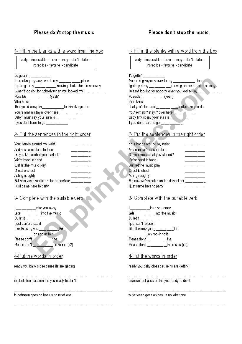 Please donÂ´t stop the music worksheet