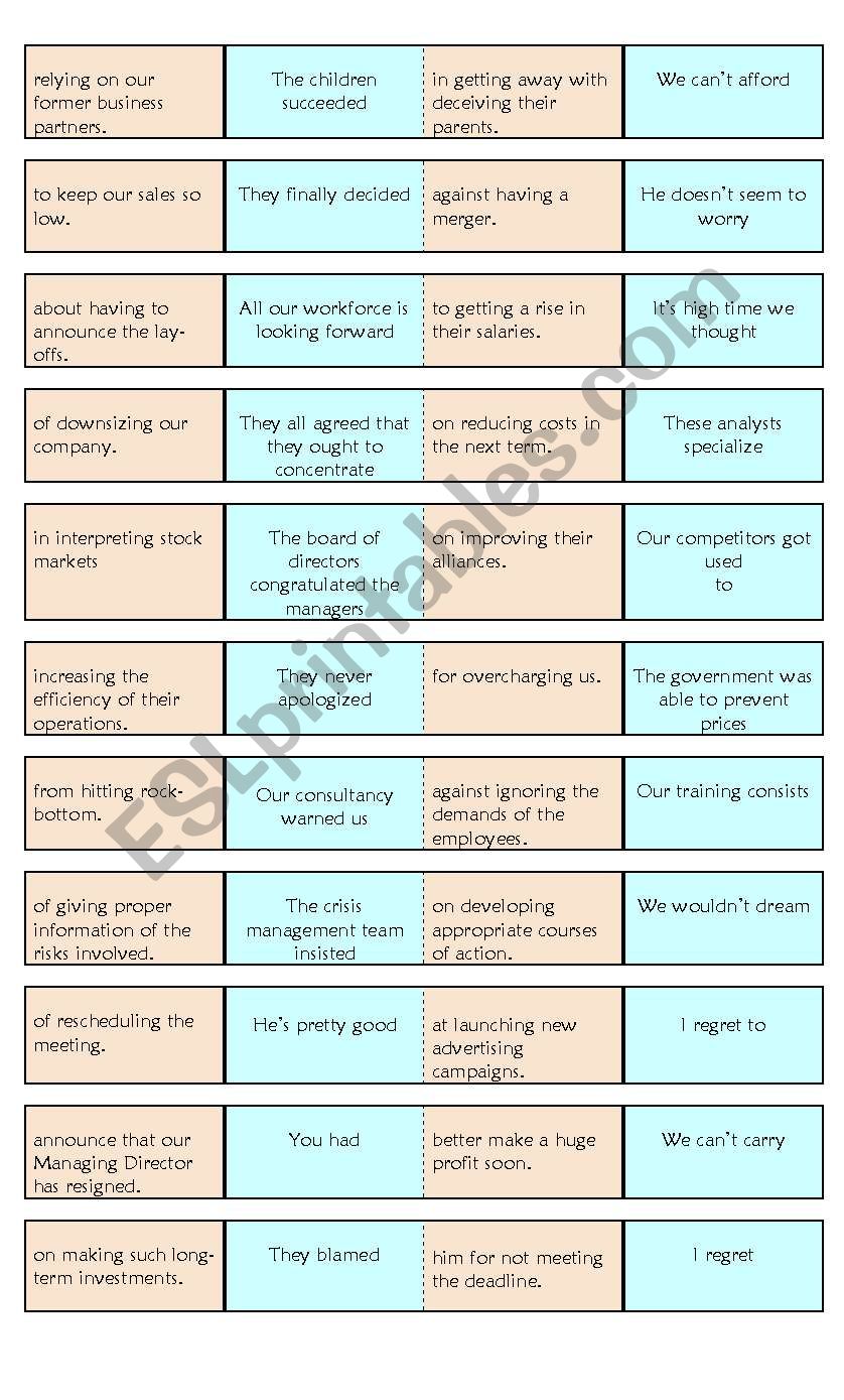 Dominoes to practise  verb patterns, to infinitive, bare inf. and gerund with prepositions