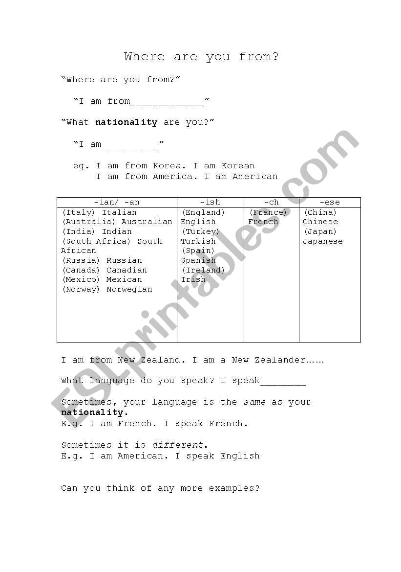 Where are you from?  worksheet