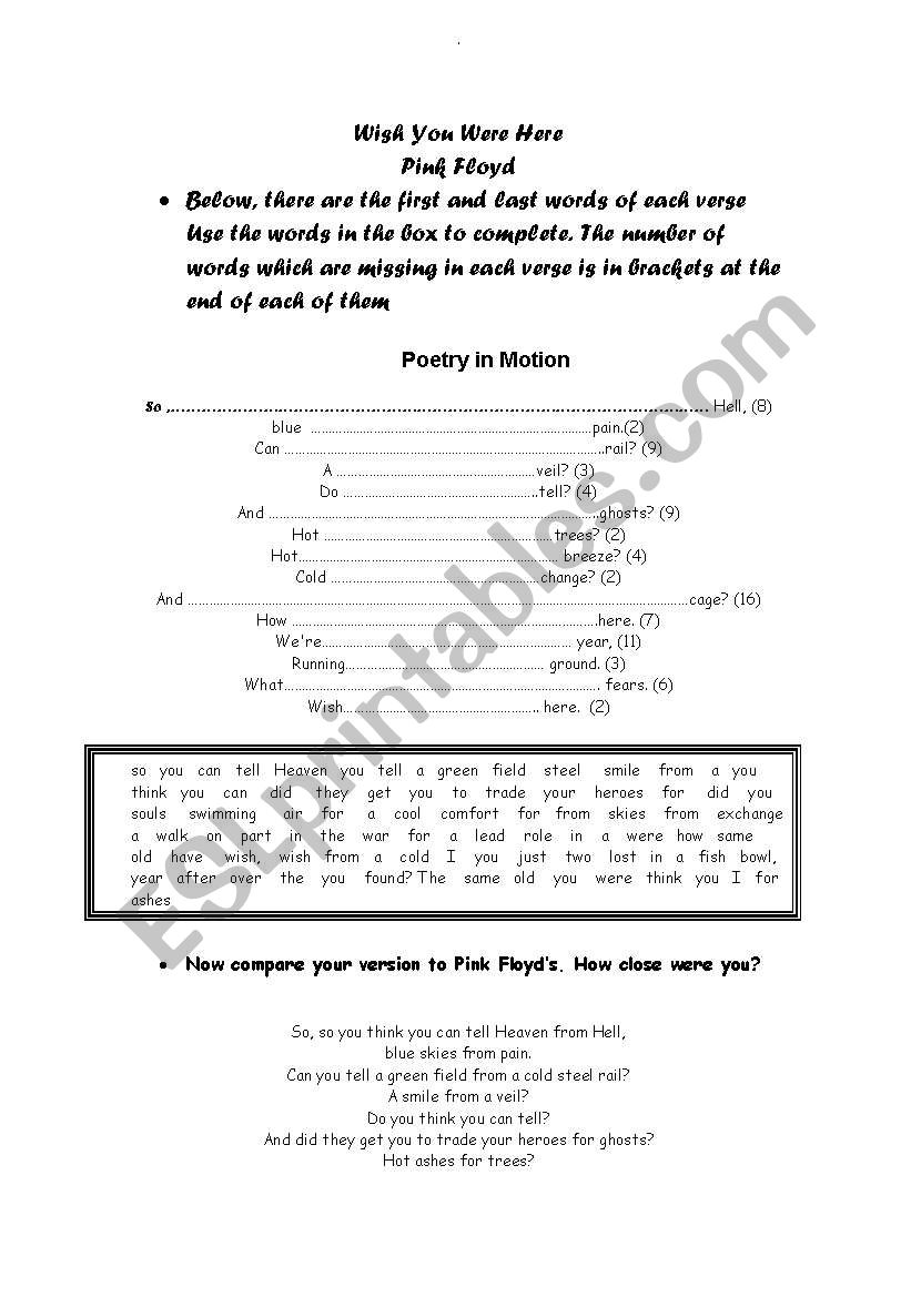 Wish You Were Here worksheet