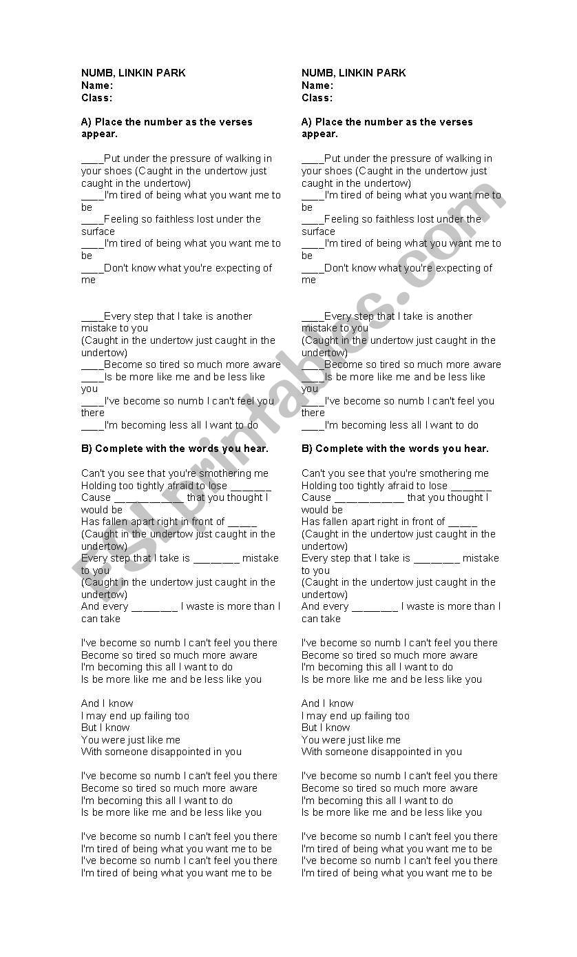 numb listening worksheet