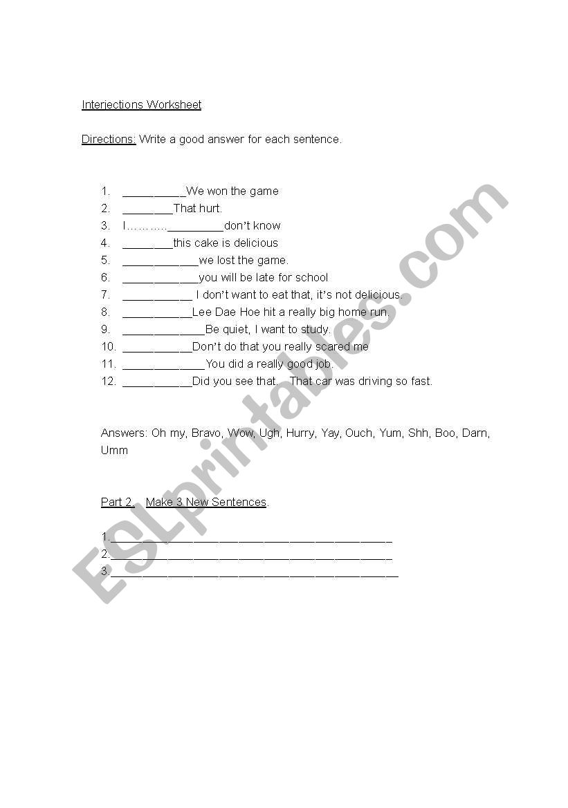 Interjections Worksheet worksheet