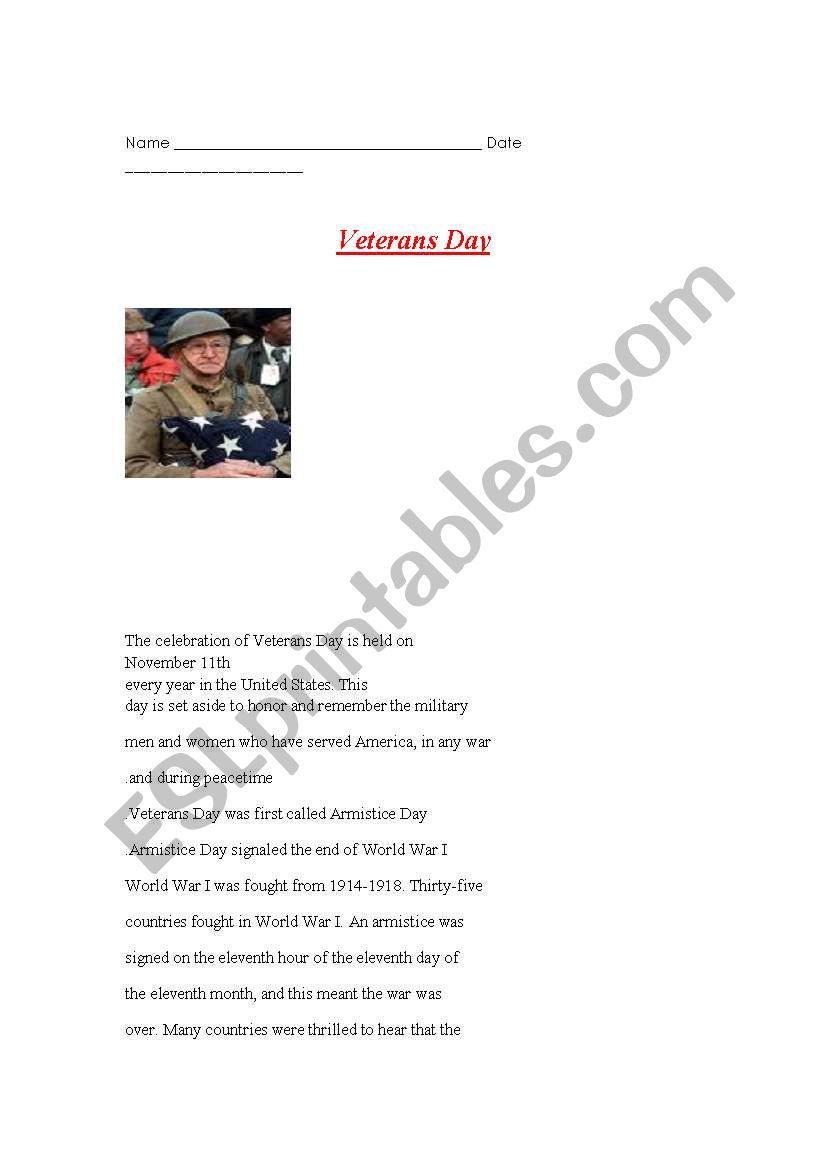 The Veterans Day In The USA worksheet