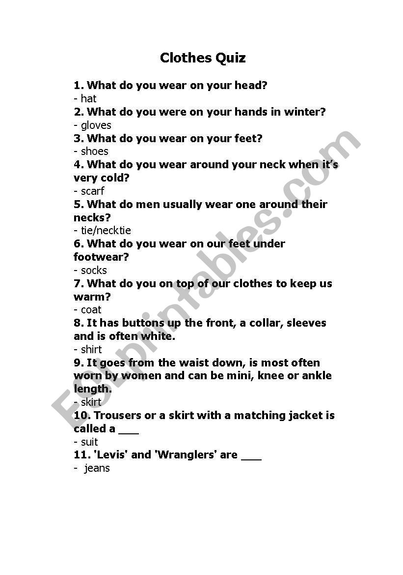 clothes quiz worksheet