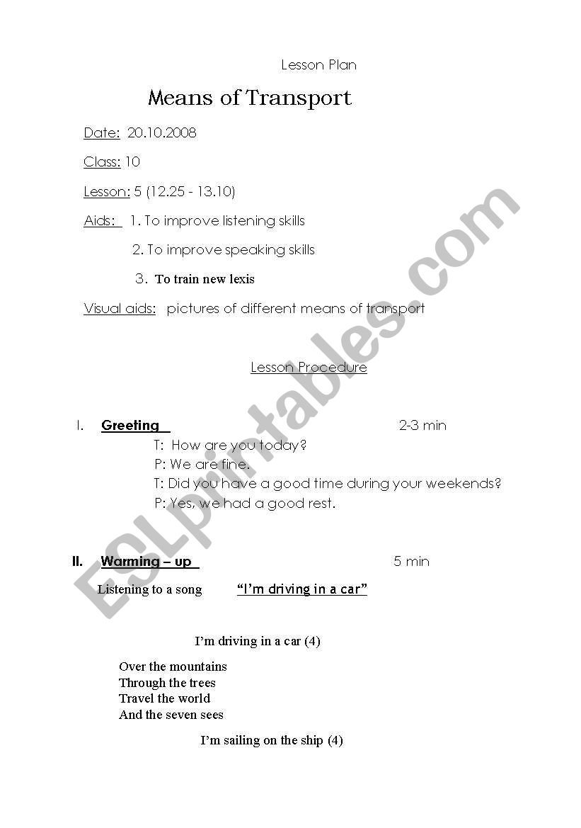 Means of Transport worksheet