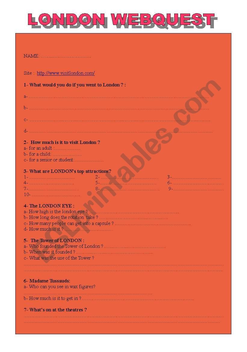 LONDON WEBQUEST worksheet