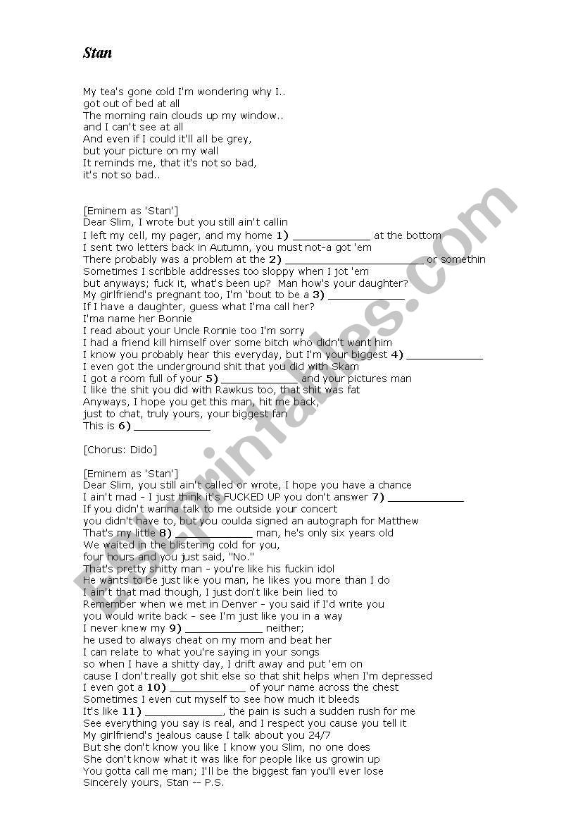 Stan by Eminem worksheet