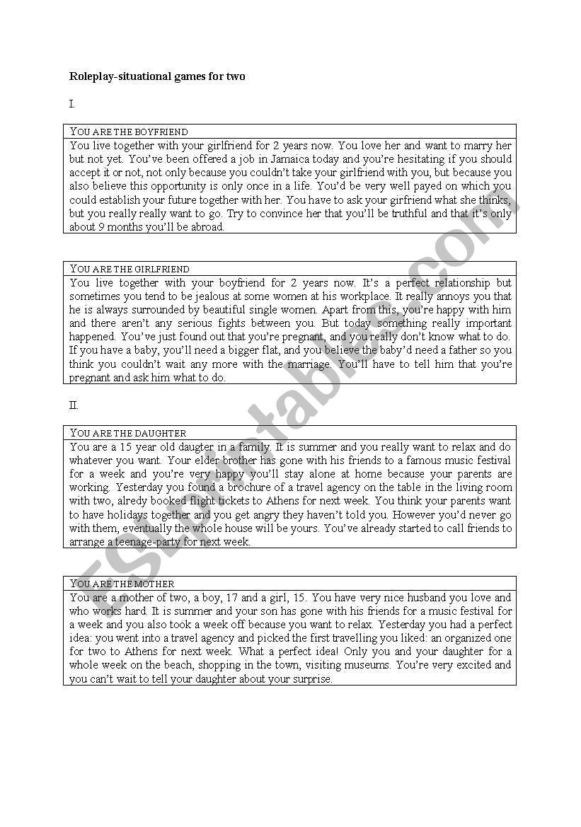 Roleplay games for two worksheet