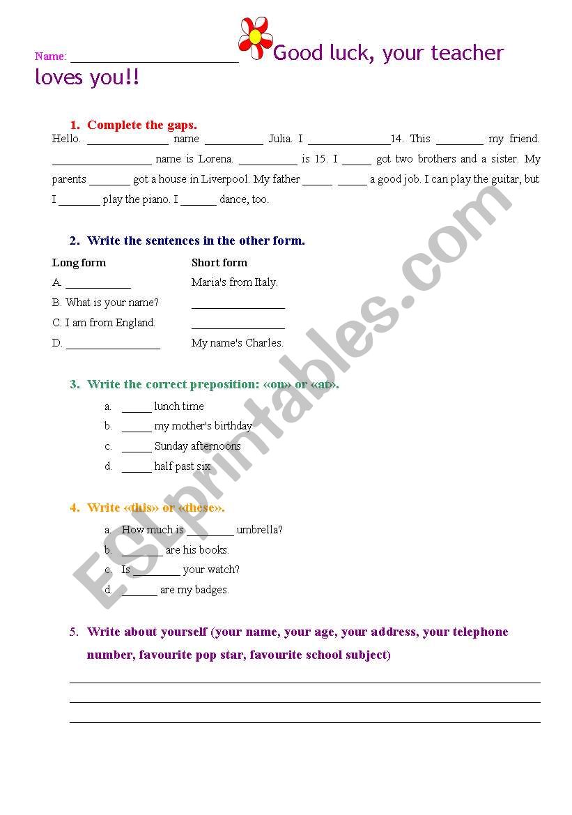 a test,simple grammar worksheet