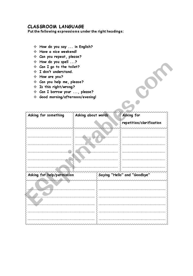 Classroom language worksheet