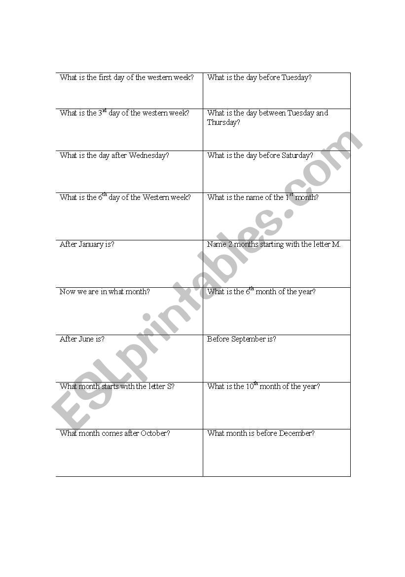 Days , months and places worksheet