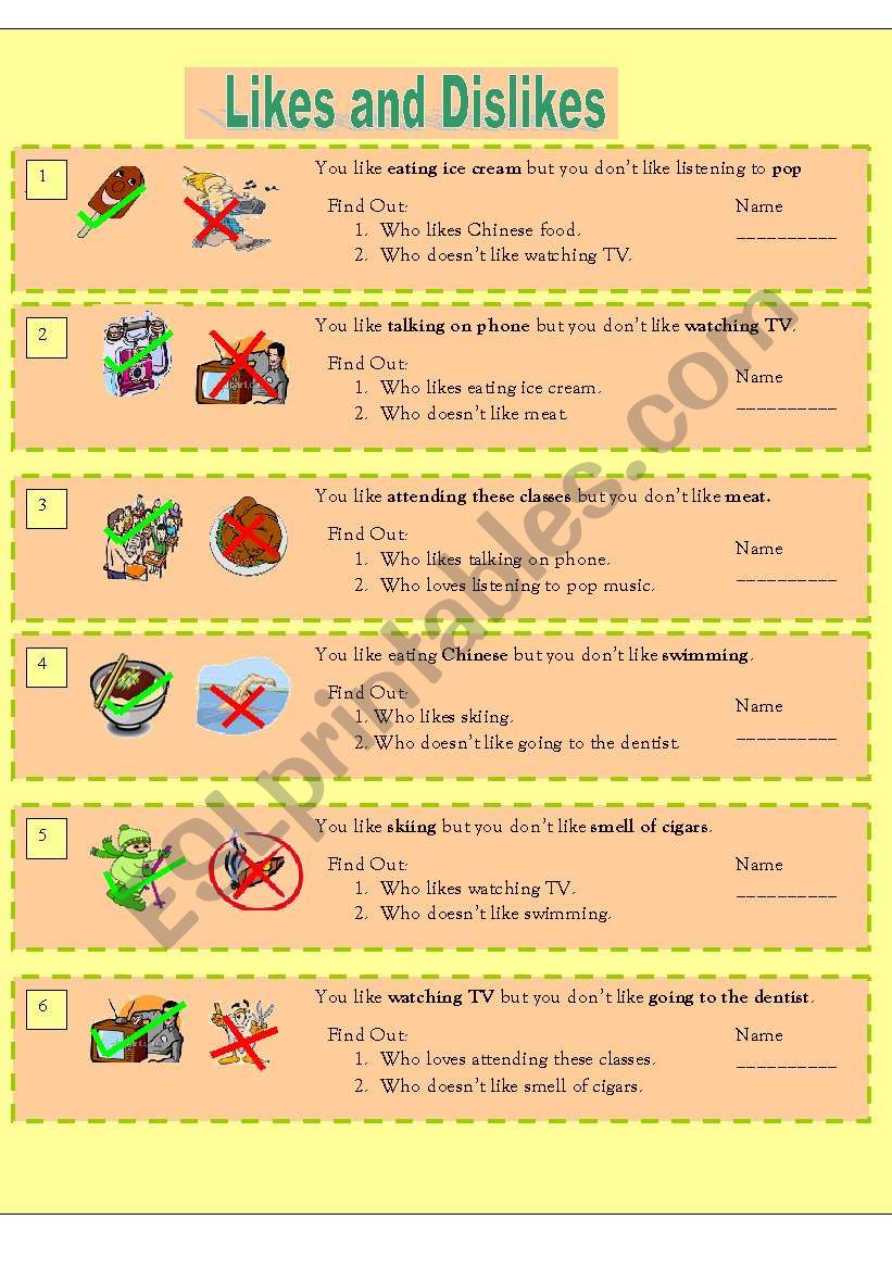 Find out likes and dislikes worksheet