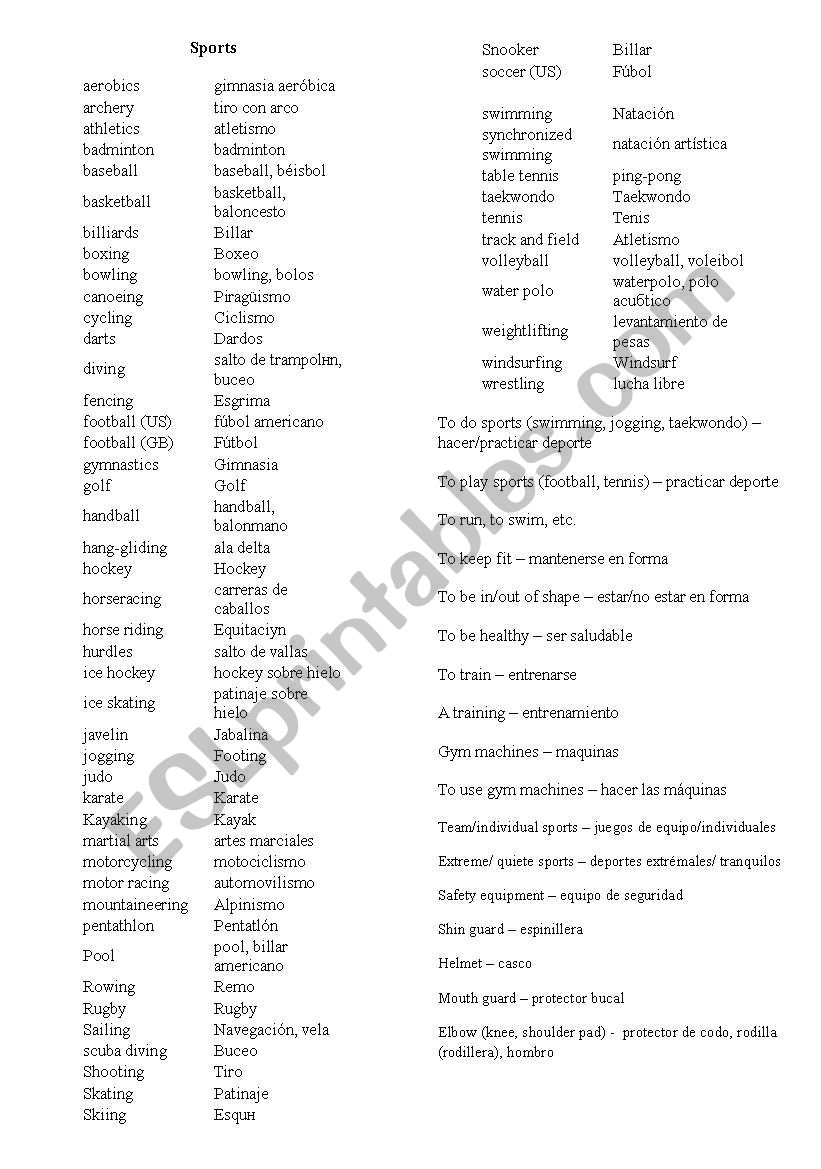 Sports worksheet