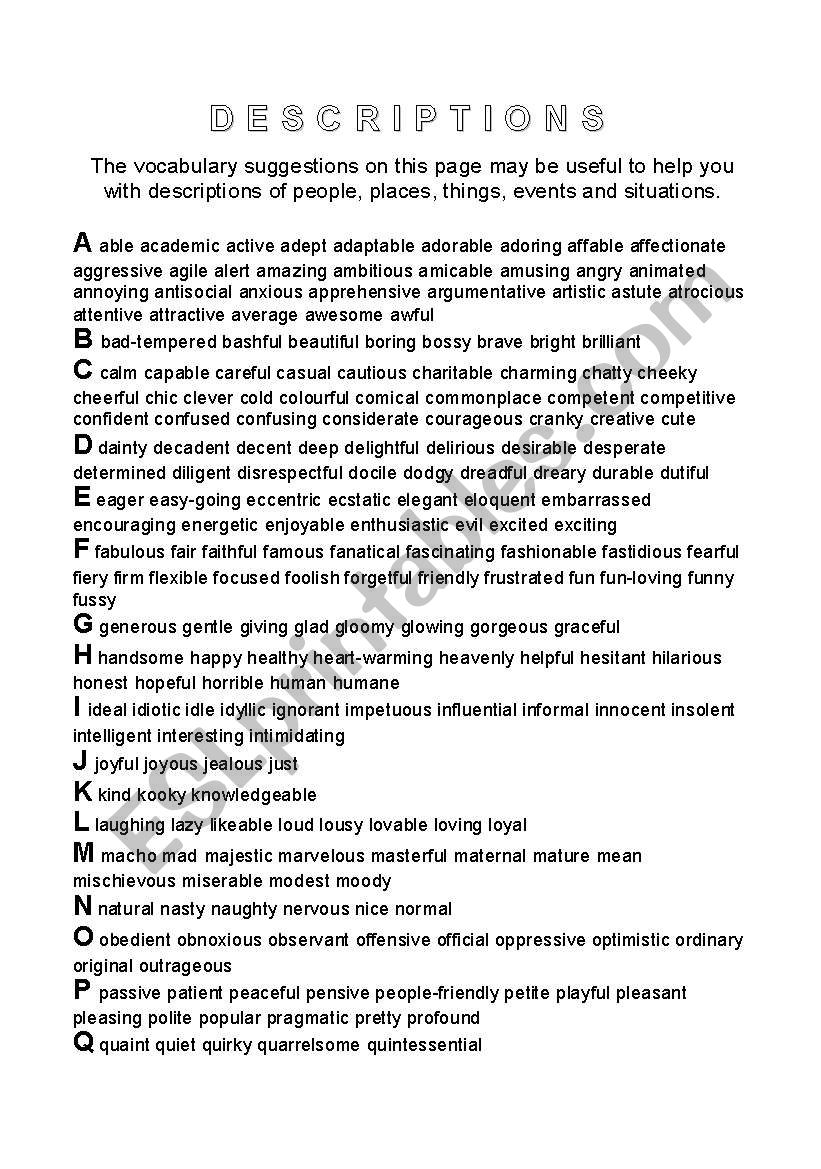 desriptions worksheet