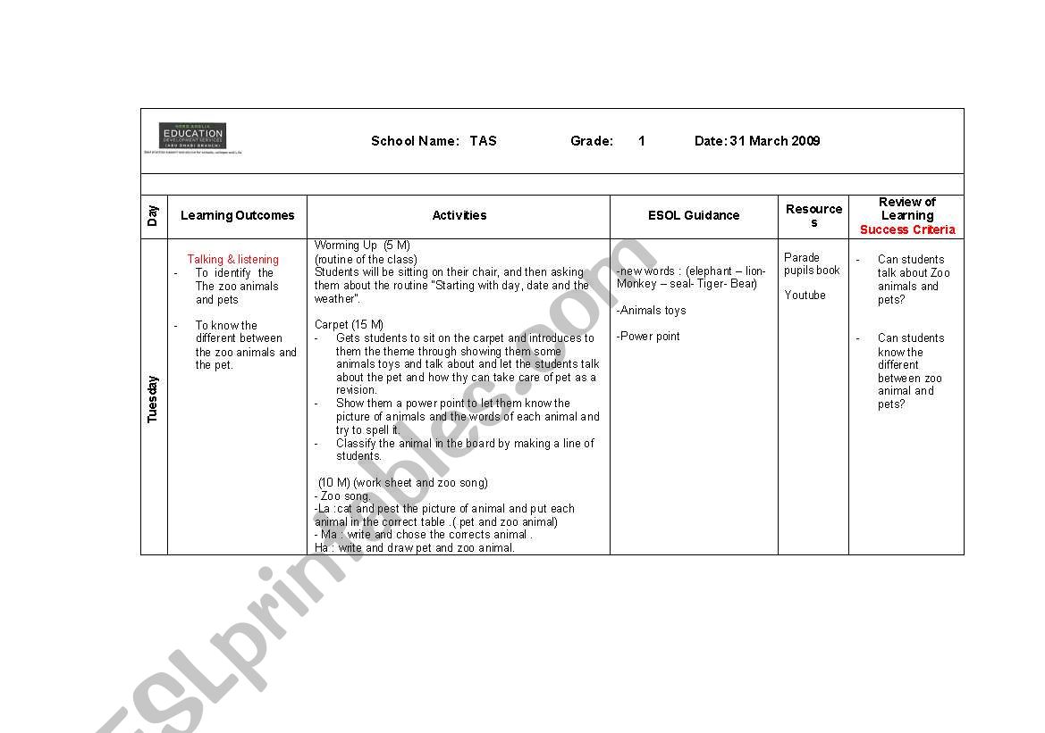 zoo animals lesson plan  worksheet