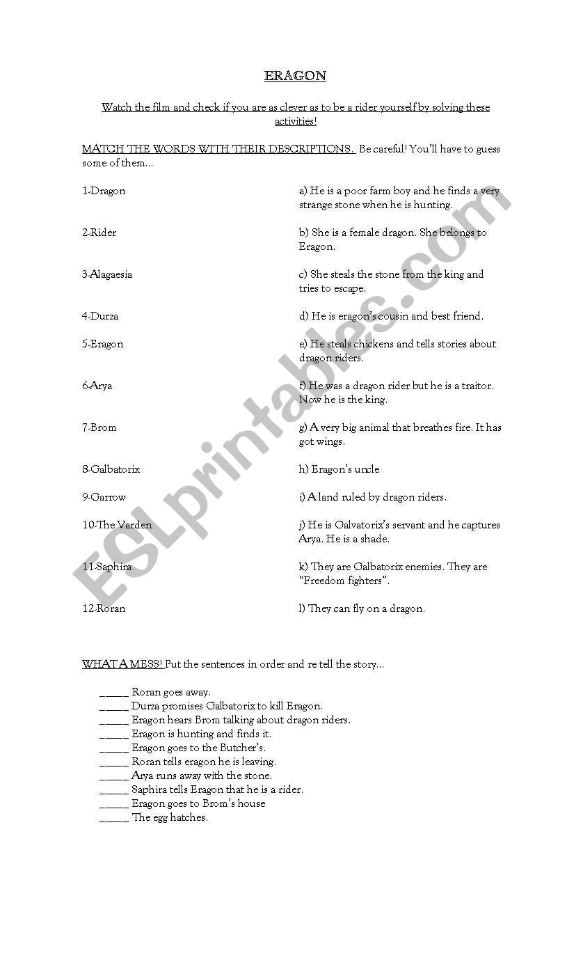 Eragon Worksheet worksheet