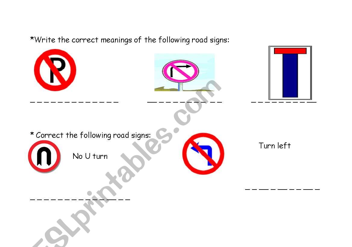 road signs worksheet