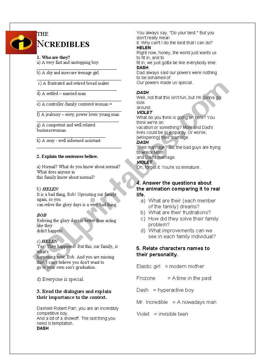 The Incredibles worksheet