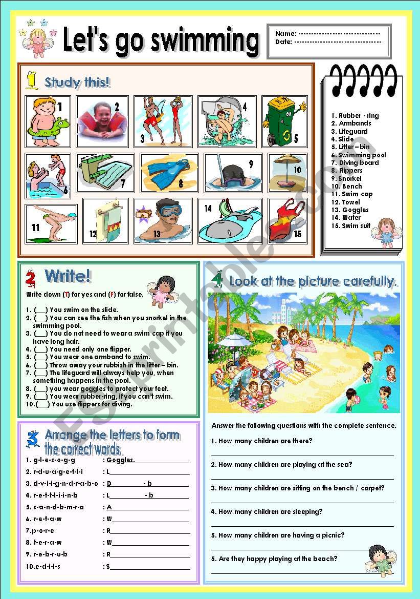 Lets go swimming worksheet