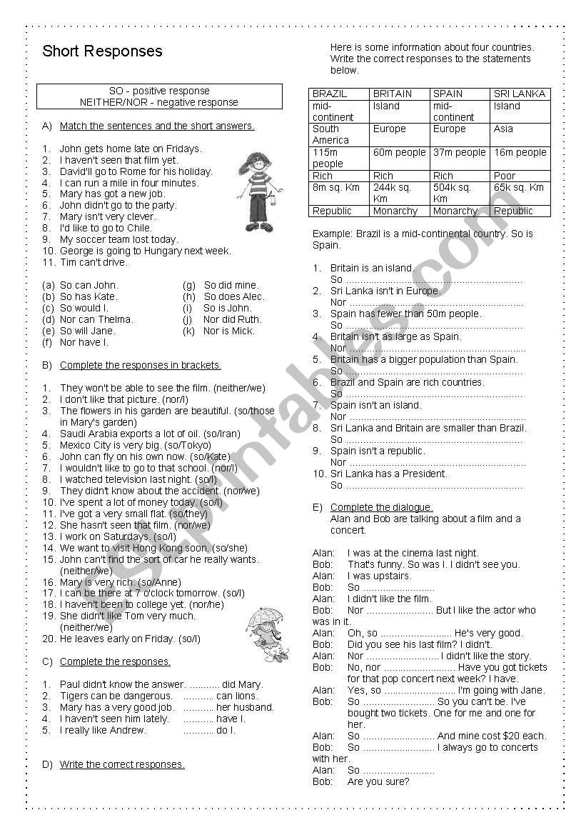 Short Responses worksheet