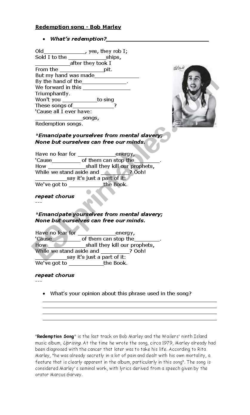 Redemption song worksheet