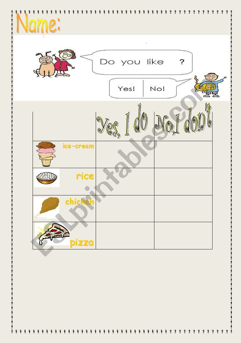 do you like? YES.NO worksheet
